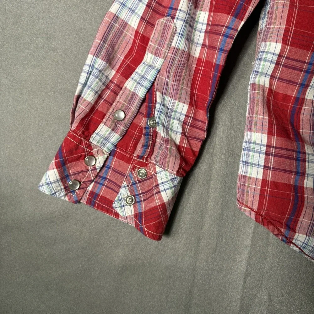 Heritage 1981 Western Snap Shirt‎ Mens Large Red Plaid Roll Tab Sleeve Button Up
